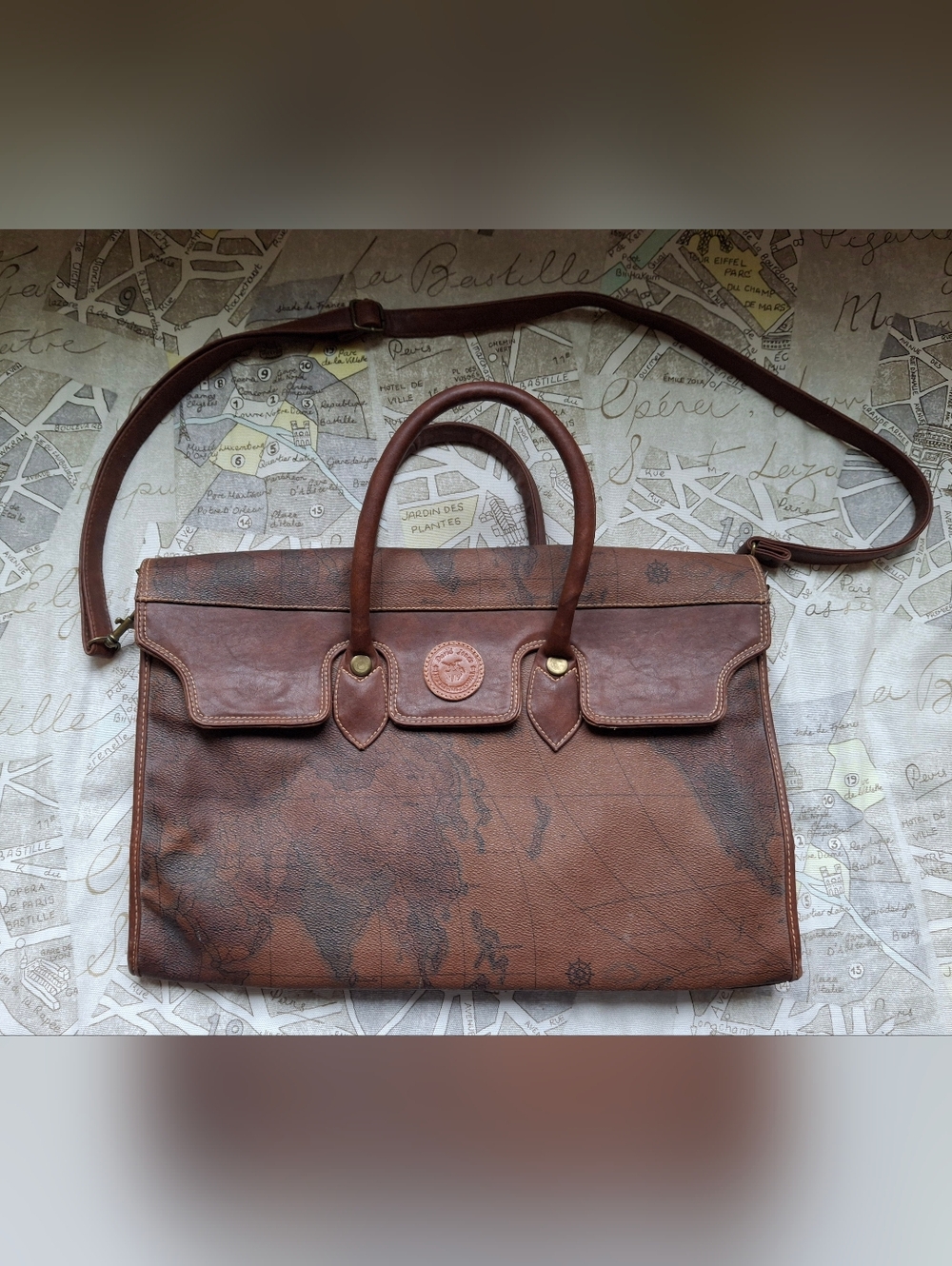 World Print Faux-Leather Large Purse/Briefcase with Handles and Detachable Strap